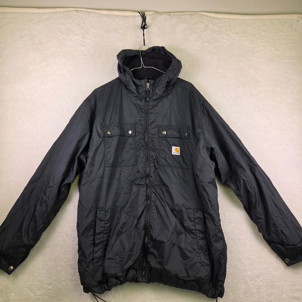 Carhartt Mens XL Blck Fleece Lined Nylon Hooded Jacket Full Zip Workwear Utility